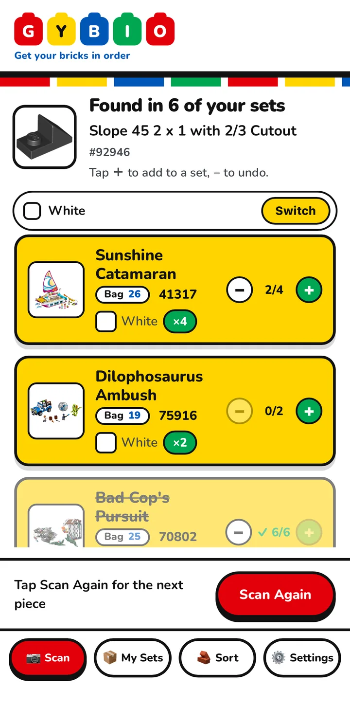 A Gybio scan result headed Found in 6 of your sets, naming the part as a Slope 45 2 x 1 with 2/3 Cutout, and listing sets underneath with their bag numbers, the colour needed and how many are still to find.
