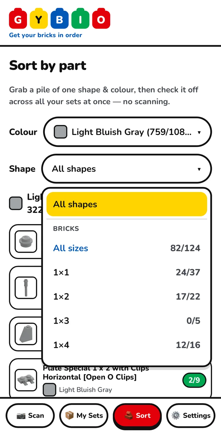 The Shape dropdown open on the Sort by part screen, headed BRICKS, with All sizes at 82 of 124 and individual sizes 1x1, 1x2, 1x3 and 1x4 listed underneath with their own counts.